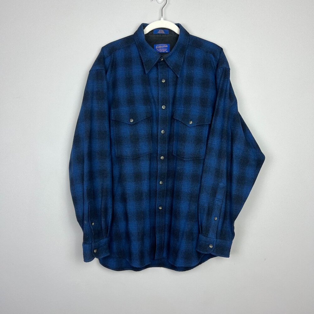 VTG Pendleton 100% Virgin Wool Mens Size XL Blue Blk Flannel Western Lumberjack